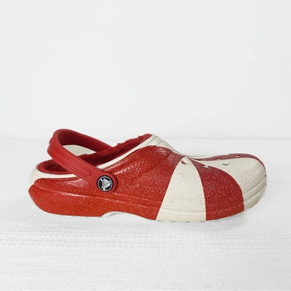 Crocs Kids Classic Lined Fuzzy Holiday Clogs Red & White Candy Cane size J4